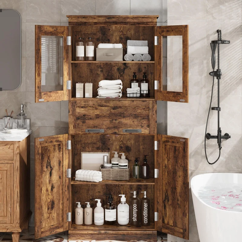 Mobiletto alto da bagno Garvee con ante in vetro, ripiani regolabili, cassetto per bagno e cucina, 23,6"x11,8"x66,9", marrone rustico