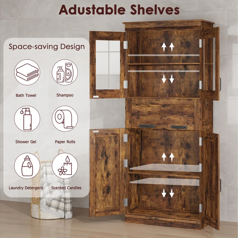 Mobiletto alto da bagno Garvee con ante in vetro, ripiani regolabili, cassetto per bagno e cucina, 23,6"x11,8"x66,9", marrone rustico