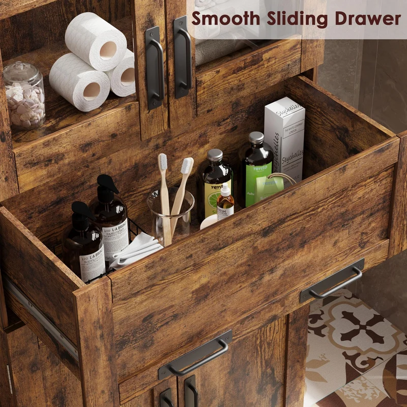 Mobiletto alto da bagno Garvee con ante in vetro, ripiani regolabili, cassetto per bagno e cucina, 23,6"x11,8"x66,9", marrone rustico