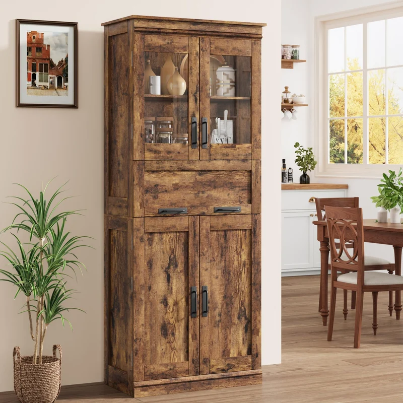 Mobiletto alto da bagno Garvee con ante in vetro, ripiani regolabili, cassetto per bagno e cucina, 23,6"x11,8"x66,9", marrone rustico