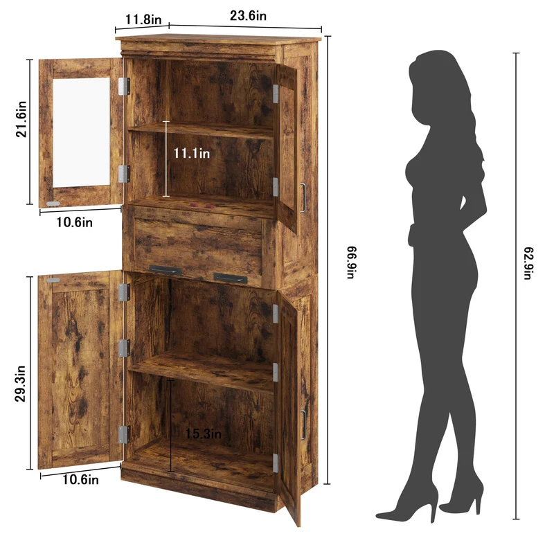 Mobiletto alto da bagno Garvee con ante in vetro, ripiani regolabili, cassetto per bagno e cucina, 23,6"x11,8"x66,9", marrone rustico