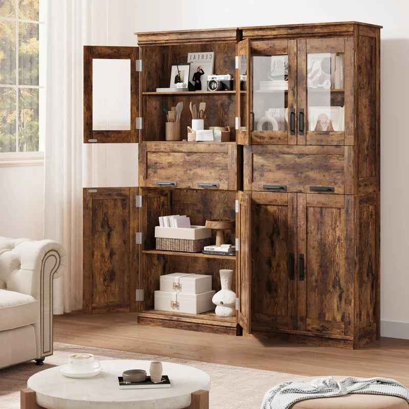 Mobiletto alto da bagno Garvee con ante in vetro, ripiani regolabili, cassetto per bagno e cucina, 23,6"x11,8"x66,9", marrone rustico