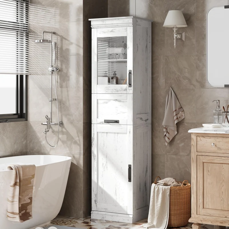 Mobiletto da bagno Garvee alto 70", stretto, con ante e ripiano regolabile per piccoli spazi, colore bianco antico