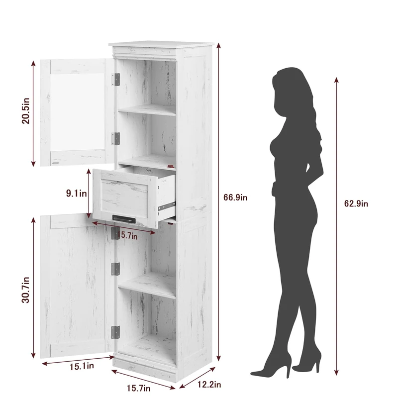 Mobiletto da bagno Garvee alto 70", stretto, con ante e ripiano regolabile per piccoli spazi, colore bianco antico