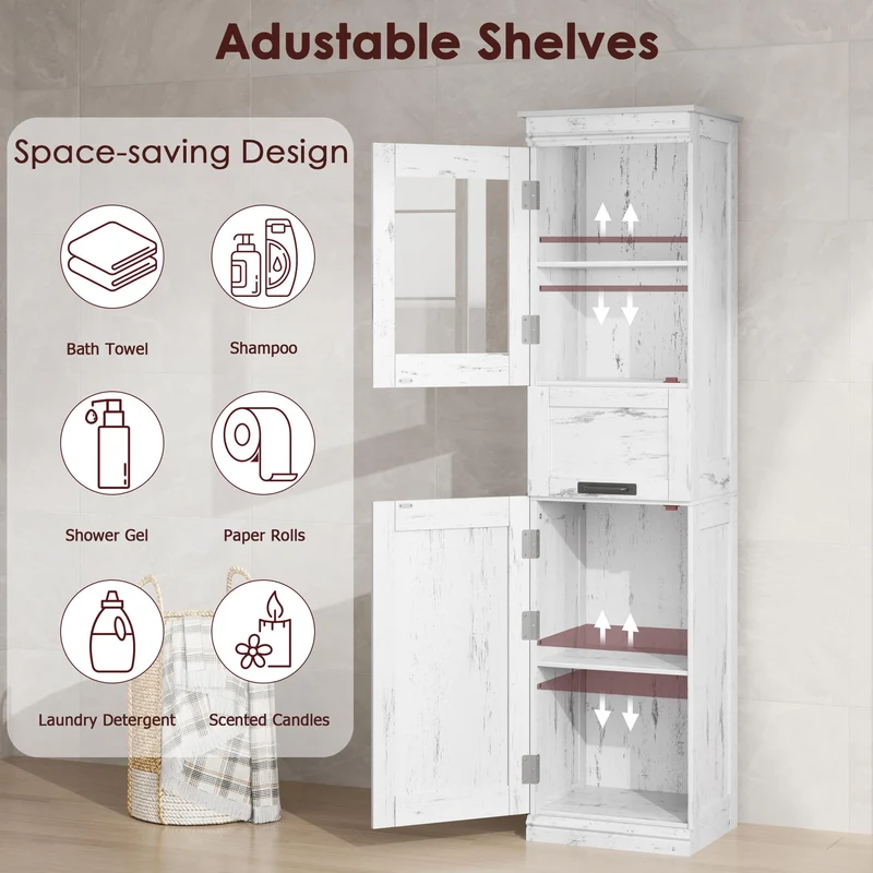 Mobiletto da bagno Garvee alto 70", stretto, con ante e ripiano regolabile per piccoli spazi, colore bianco antico