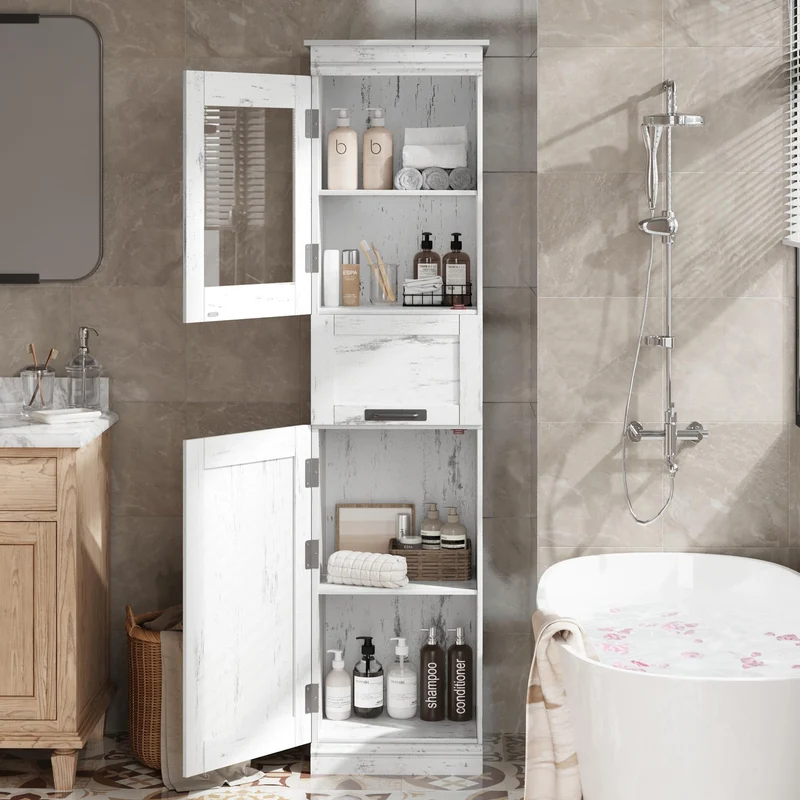 Mobiletto da bagno Garvee alto 70", stretto, con ante e ripiano regolabile per piccoli spazi, colore bianco antico