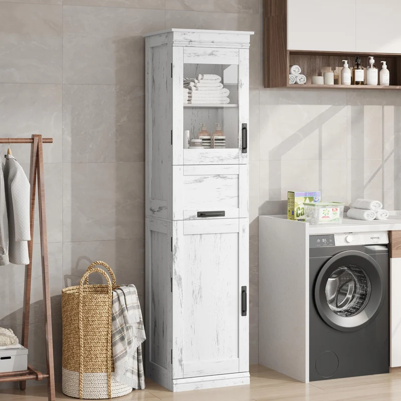 Mobiletto da bagno Garvee alto 70", stretto, con ante e ripiano regolabile per piccoli spazi, colore bianco antico