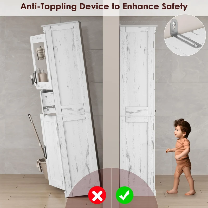 Mobiletto da bagno Garvee alto 70", stretto, con ante e ripiano regolabile per piccoli spazi, colore bianco antico