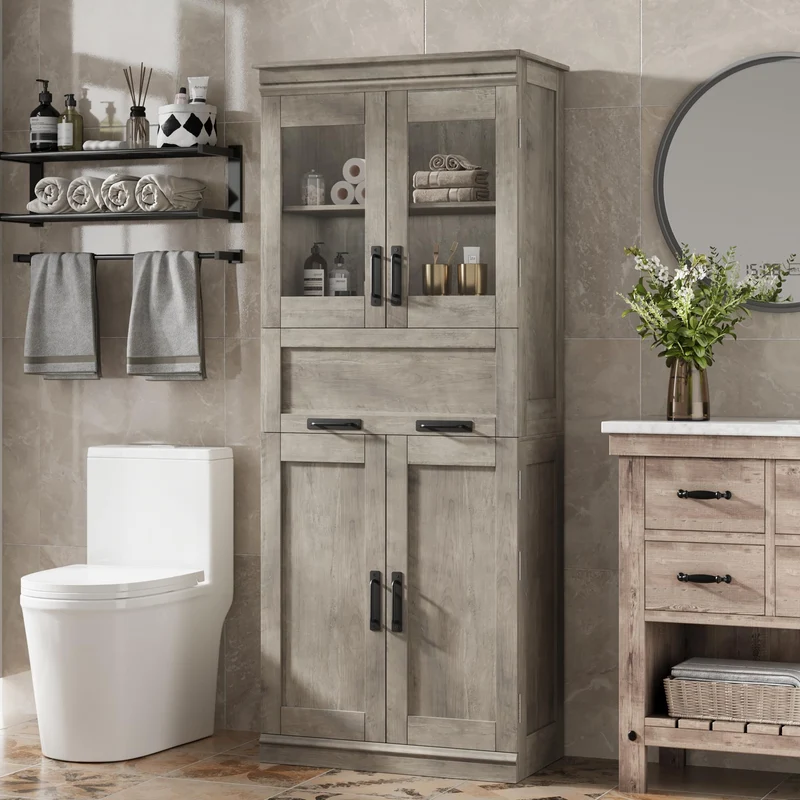 Mobiletto da bagno alto Garvee da 170.2 cm con ante in vetro, ripiani regolabili, cassetto, MDF, indipendente, design moderno, grigio, per bagno e soggiorno