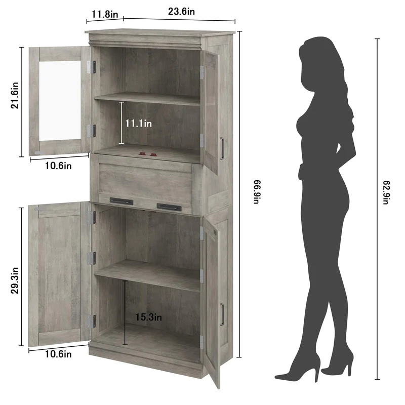 Mobiletto da bagno alto Garvee da 170.2 cm con ante in vetro, ripiani regolabili, cassetto, MDF, indipendente, design moderno, grigio, per bagno e soggiorno