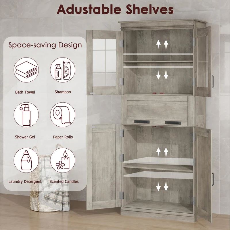 Mobiletto da bagno alto Garvee da 170.2 cm con ante in vetro, ripiani regolabili, cassetto, MDF, indipendente, design moderno, grigio, per bagno e soggiorno