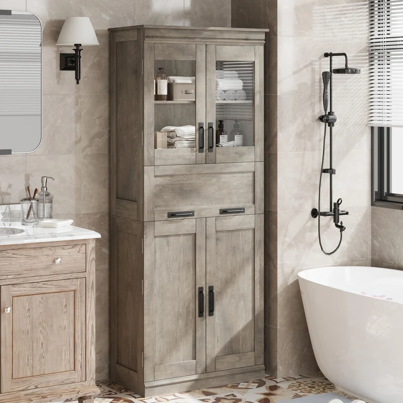 Mobiletto da bagno alto Garvee da 170.2 cm con ante in vetro, ripiani regolabili, cassetto, MDF, indipendente, design moderno, grigio, per bagno e soggiorno