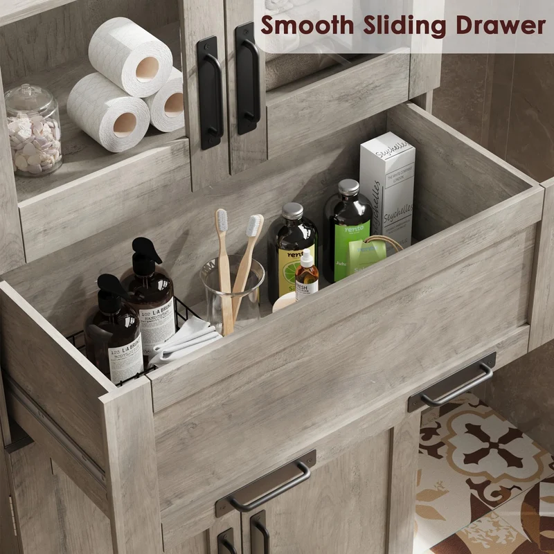 Mobiletto da bagno alto Garvee da 170.2 cm con ante in vetro, ripiani regolabili, cassetto, MDF, indipendente, design moderno, grigio, per bagno e soggiorno