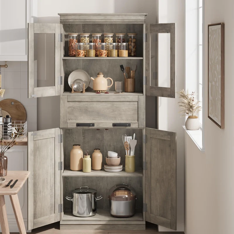 Mobiletto da bagno alto Garvee da 170.2 cm con ante in vetro, ripiani regolabili, cassetto, MDF, indipendente, design moderno, grigio, per bagno e soggiorno