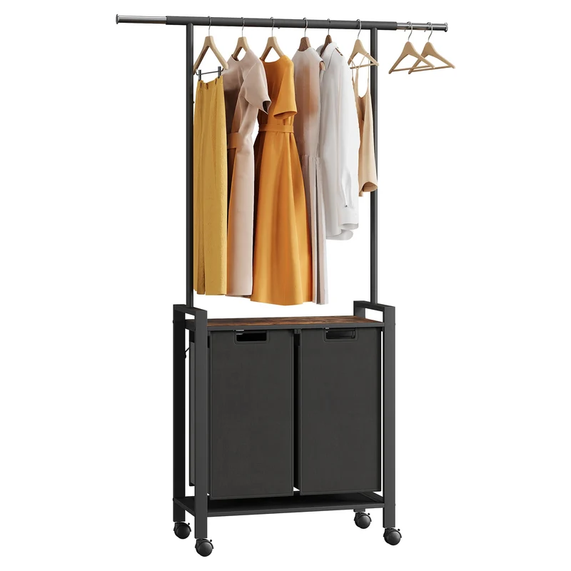 Garvee Organizer Per Bucato 2 Sezioni Con Asta Appendibiancheria Mensola In Legno 2 Cestini 13 Gal Tessuto Oxford Ruote Bloccabili
