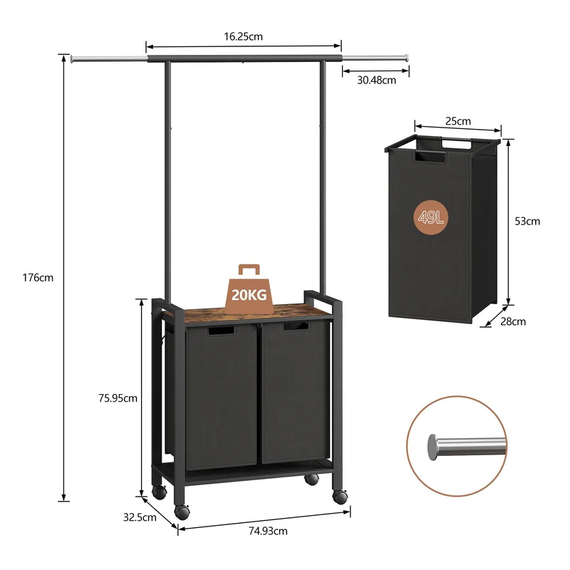 Garvee Organizer Per Bucato 2 Sezioni Con Asta Appendibiancheria Mensola In Legno 2 Cestini 13 Gal Tessuto Oxford Ruote Bloccabili