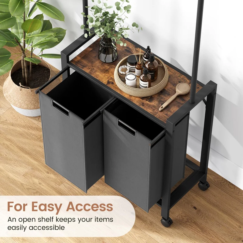 Garvee Organizer Per Bucato 2 Sezioni Con Asta Appendibiancheria Mensola In Legno 2 Cestini 13 Gal Tessuto Oxford Ruote Bloccabili