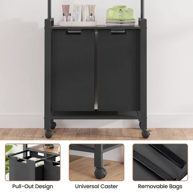 Garvee Organizer Per Bucato 2 Sezioni Con Asta Appendibiancheria Mensola In Legno 2 Cestini 13 Gal Tessuto Oxford Ruote Bloccabili