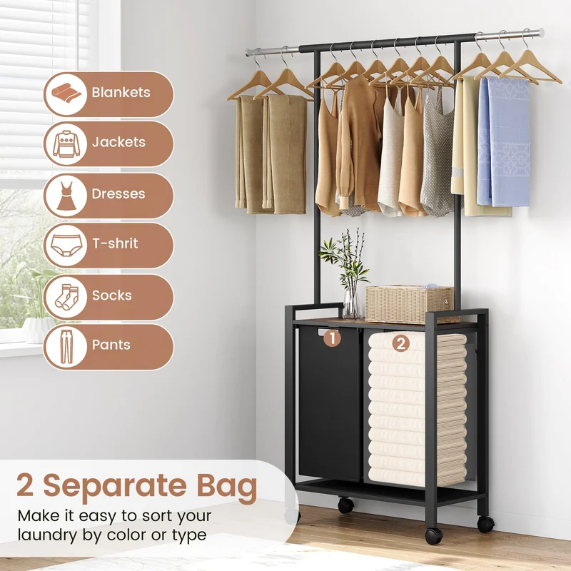 Garvee Organizer Per Bucato 2 Sezioni Con Asta Appendibiancheria Mensola In Legno 2 Cestini 13 Gal Tessuto Oxford Ruote Bloccabili