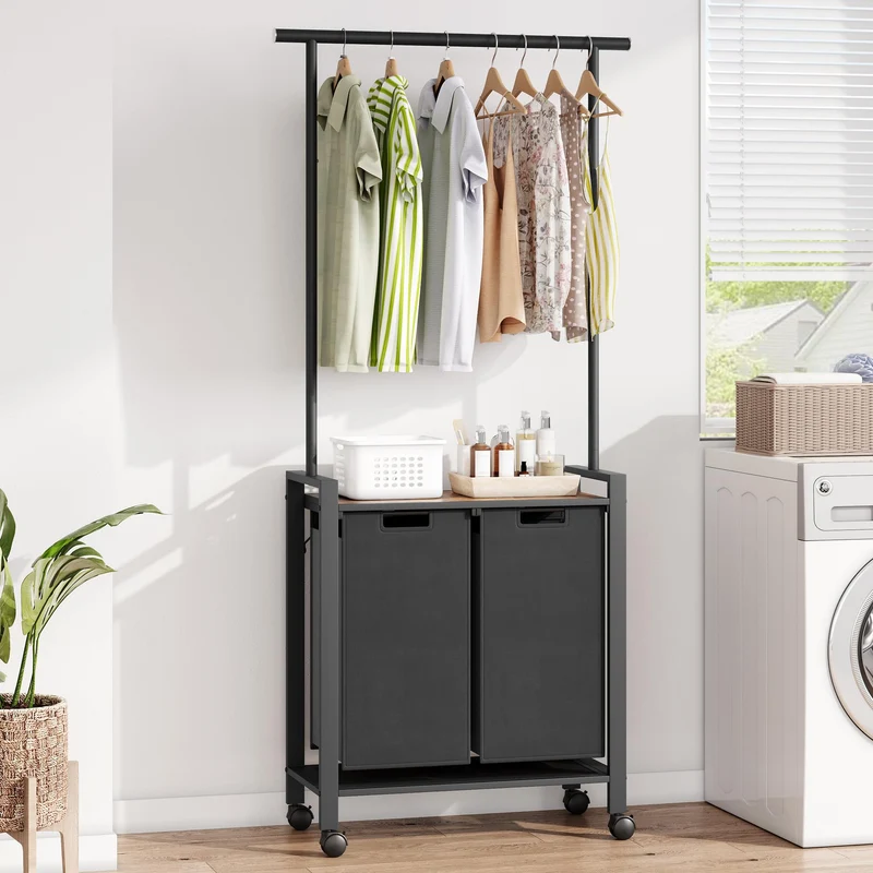 Garvee Organizer Per Bucato 2 Sezioni Con Asta Appendibiancheria Mensola In Legno 2 Cestini 13 Gal Tessuto Oxford Ruote Bloccabili