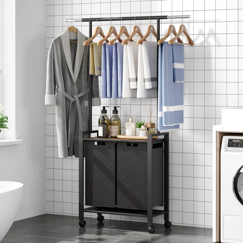 Garvee Organizer Per Bucato 2 Sezioni Con Asta Appendibiancheria Mensola In Legno 2 Cestini 13 Gal Tessuto Oxford Ruote Bloccabili