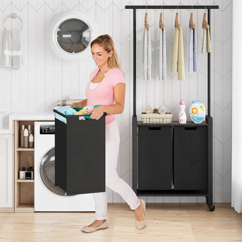 Garvee Organizer Per Bucato 2 Sezioni Con Asta Appendibiancheria Mensola In Legno 2 Cestini 13 Gal Tessuto Oxford Ruote Bloccabili