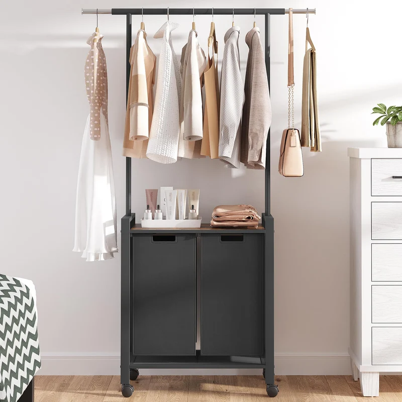 Garvee Organizer Per Bucato 2 Sezioni Con Asta Appendibiancheria Mensola In Legno 2 Cestini 13 Gal Tessuto Oxford Ruote Bloccabili