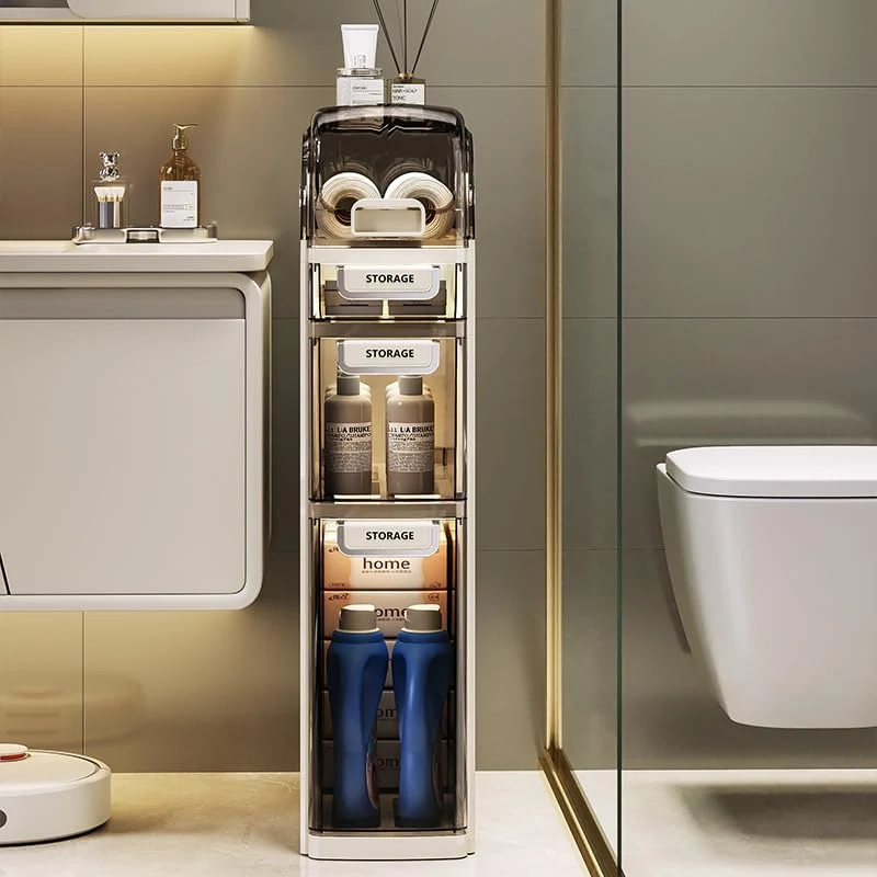 Mobiletto da bagno sottile Garvee a 4 ripiani con cassetti trasparenti e ruote per bagno e cucina, salvaspazio, impermeabile, ABS e PP, argento