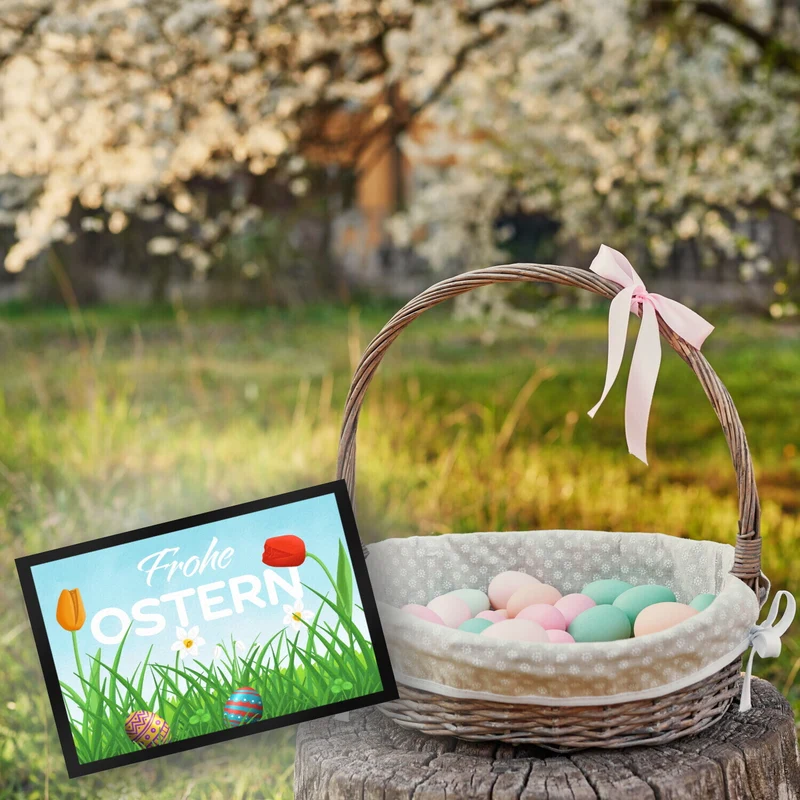 Frohe Ostern Fußmatte mit grüner Blumenwiese und bunten Ostereiern