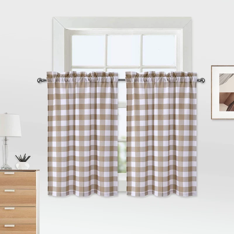 Tende piccole Garvee Buffalo Plaid in poliestere idrorepellente effetto lino per soggiorno, cucina, bagno, 28"x24" tortora