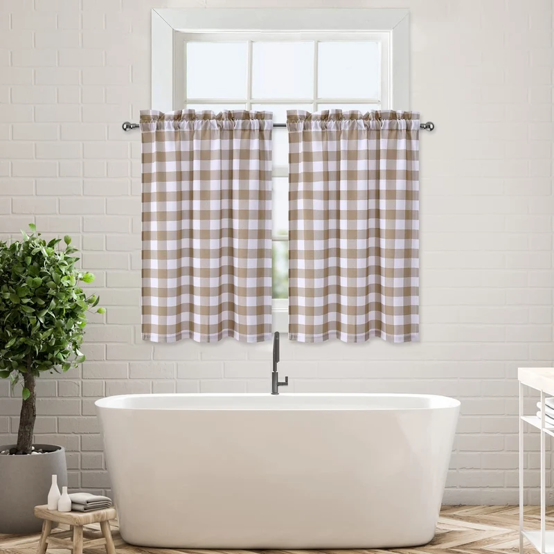 Tende piccole Garvee Buffalo Plaid in poliestere idrorepellente effetto lino per soggiorno, cucina, bagno, 28"x24" tortora