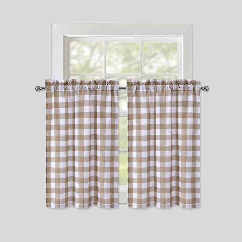 Tende piccole Garvee Buffalo Plaid in poliestere idrorepellente effetto lino per soggiorno, cucina, bagno, 28"x24" tortora