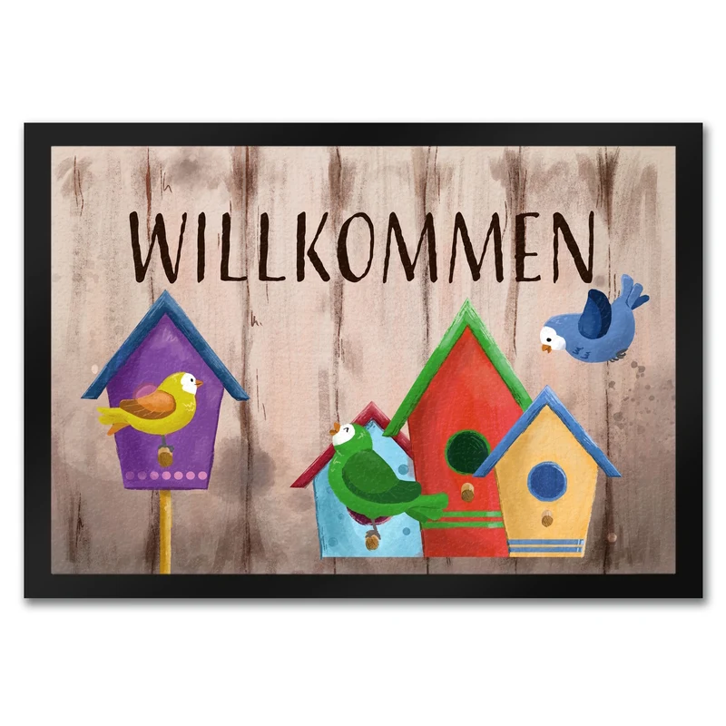 Willkommen Fußmatte mit bunten Vogelhäuschen und Vögeln