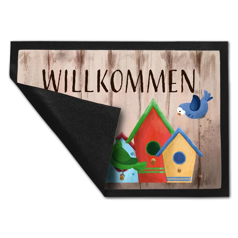 Willkommen Fußmatte mit bunten Vogelhäuschen und Vögeln