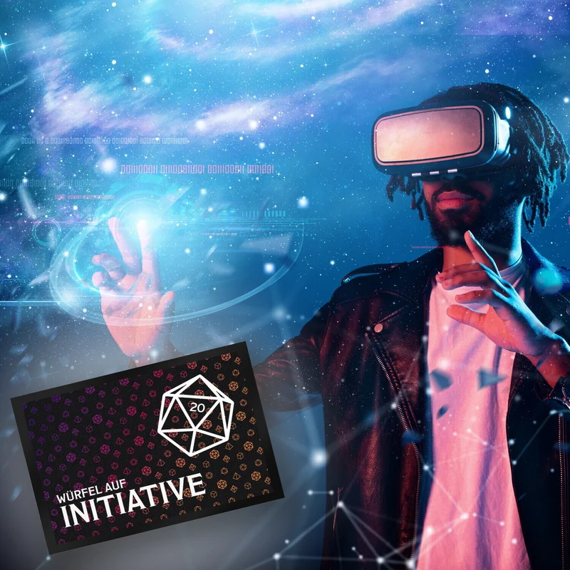 Tabletop Fußmatte mit Würfelmuster und Spruch: Würfel auf Initiative