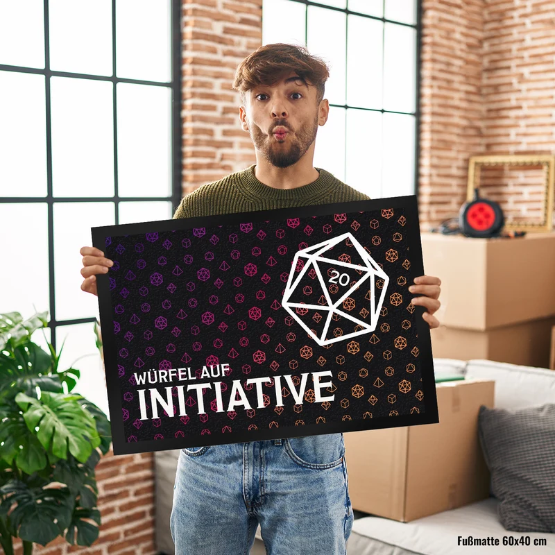 Tabletop Fußmatte mit Würfelmuster und Spruch: Würfel auf Initiative