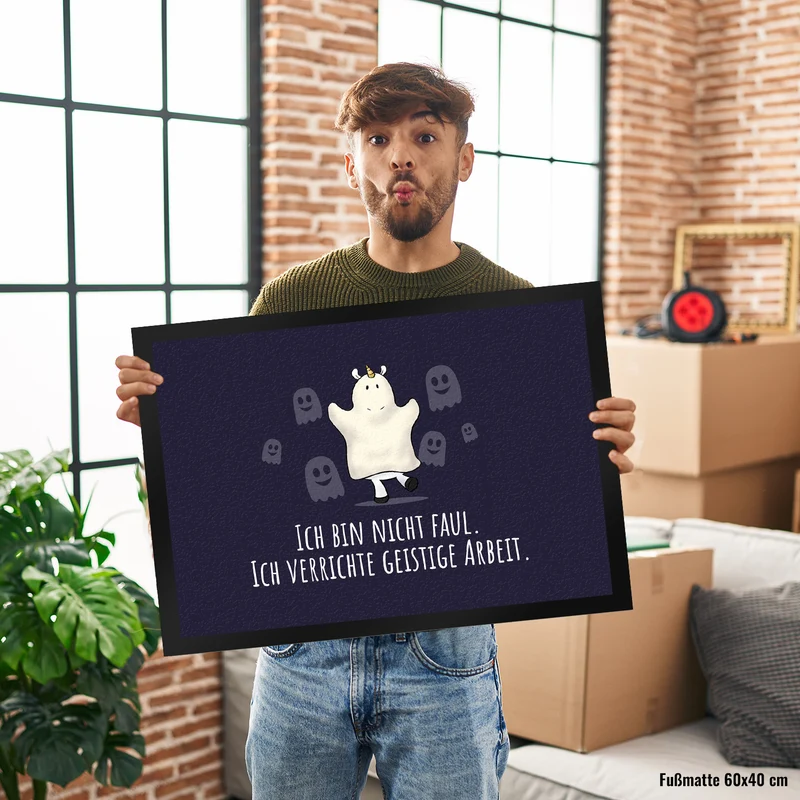 Einhorn-Geist Fußmatte in 35x50 cm mit Spruch Nicht faul mache geistige Arbeit