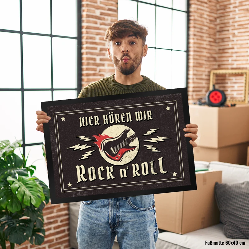 Hier hören wir Rock n' Roll Fußmatte mit Gitarren Motiv