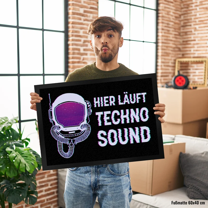 Hier läuft Techno Sound Fußmatte mit Astronautenhelm für Raver