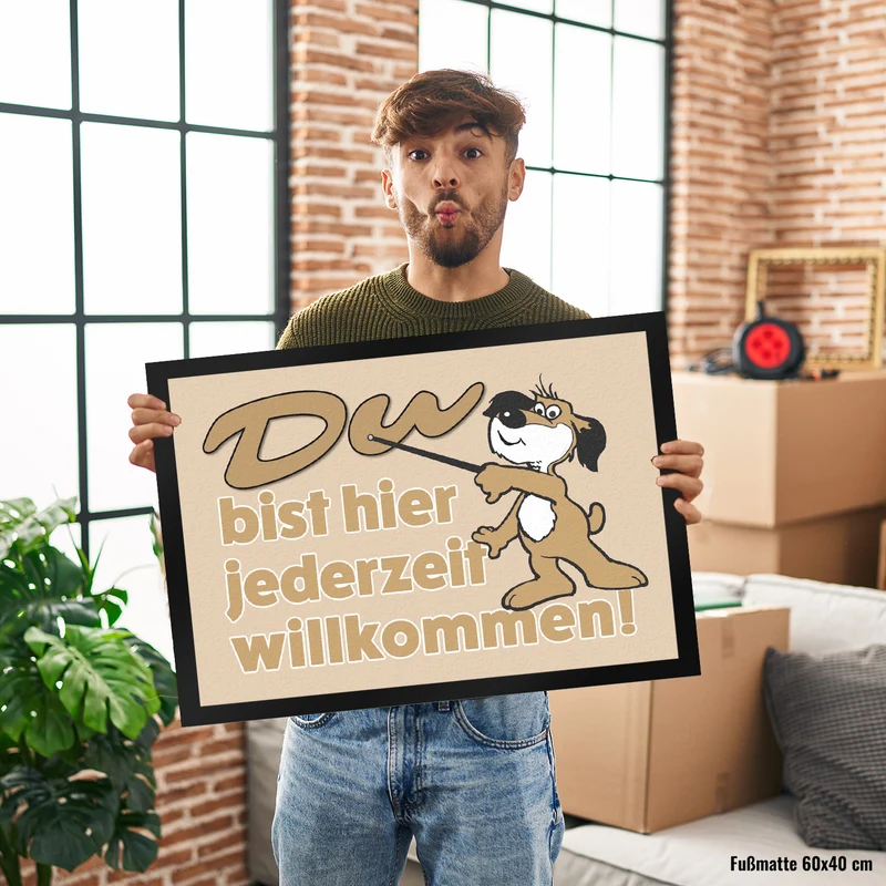 Du bist hier jederzeit willkommen Fußmatte mit freundlichem Hund