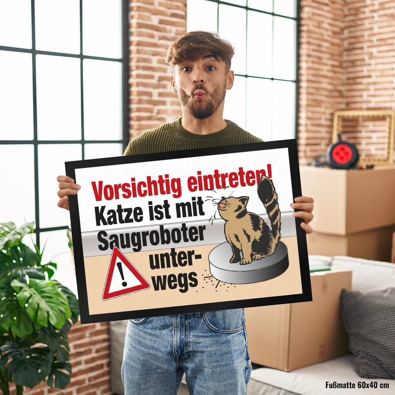 Vorsichtig eintreten - Katze auf Saugroboter Fußmatte