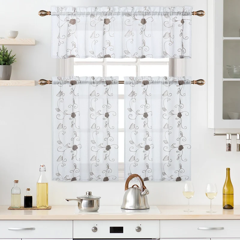 Tende trasparenti Garvee, tende per cucina e soggiorno, 100% poliestere, ricamo floreale, bianco talpa, versatili