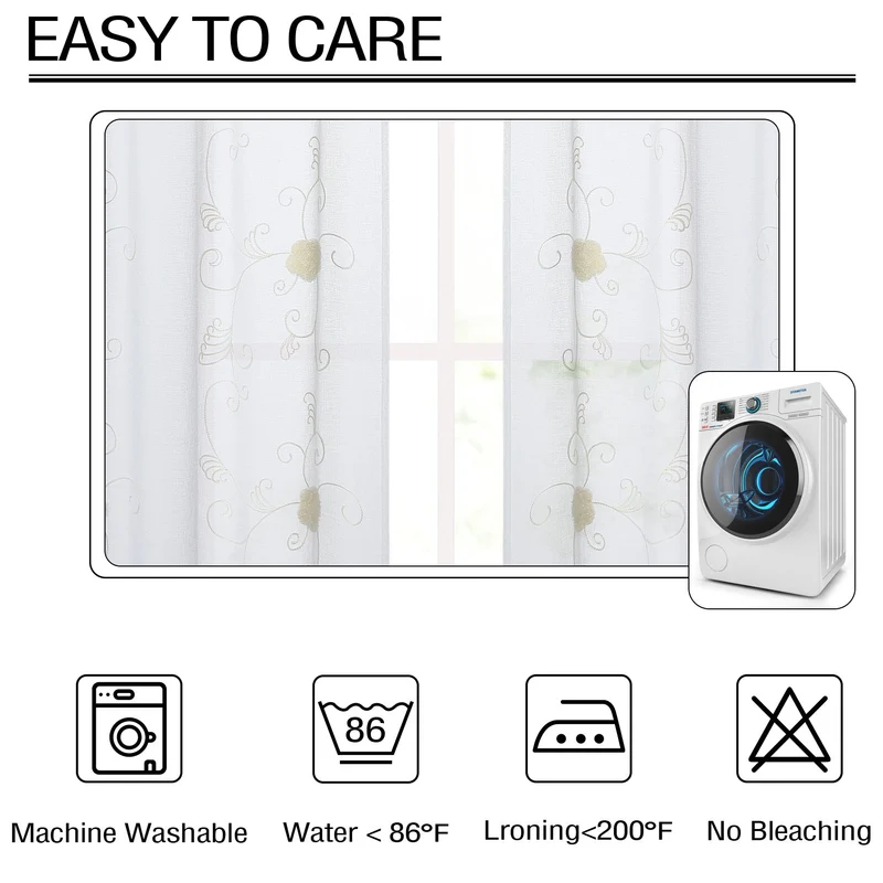 Garvee Tende Trasparenti Tende da Cucina Tende Corte Bianche Gialle Ricamate Tascabili Floreali 26''x24'' per Soggiorno e Camera da Letto