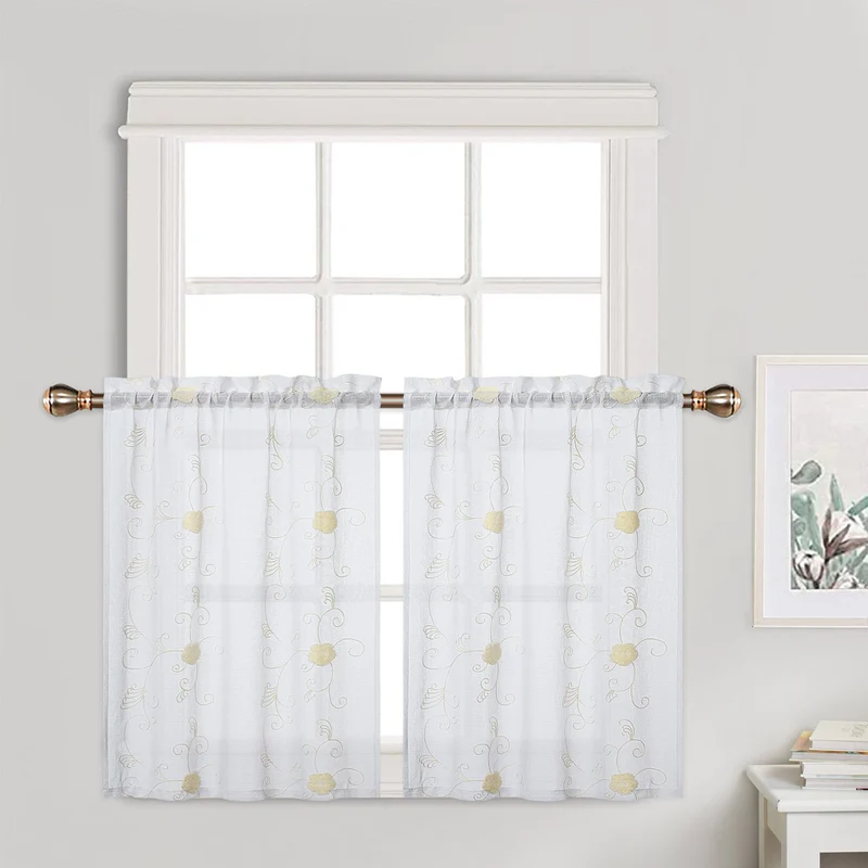 Garvee Tende Trasparenti Tende da Cucina Tende Corte Bianche Gialle Ricamate Tascabili Floreali 26''x24'' per Soggiorno e Camera da Letto