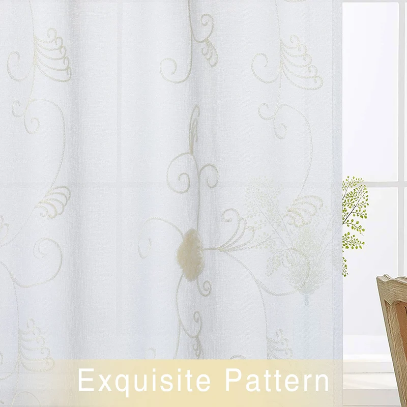 Garvee Tende Trasparenti Tende da Cucina Tende Corte Bianche Gialle Ricamate Tascabili Floreali 26''x24'' per Soggiorno e Camera da Letto