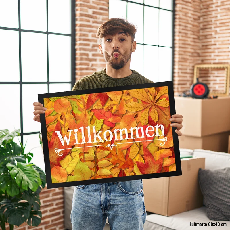 Fußmatte mit schönen Herbstblättern und Schriftzug - Willkommen