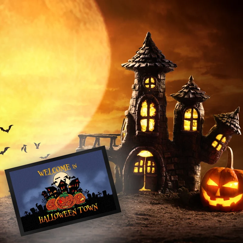 Fußmatte mit gruseligen Halloween Design und Spruch - Welcome in Halloween Town