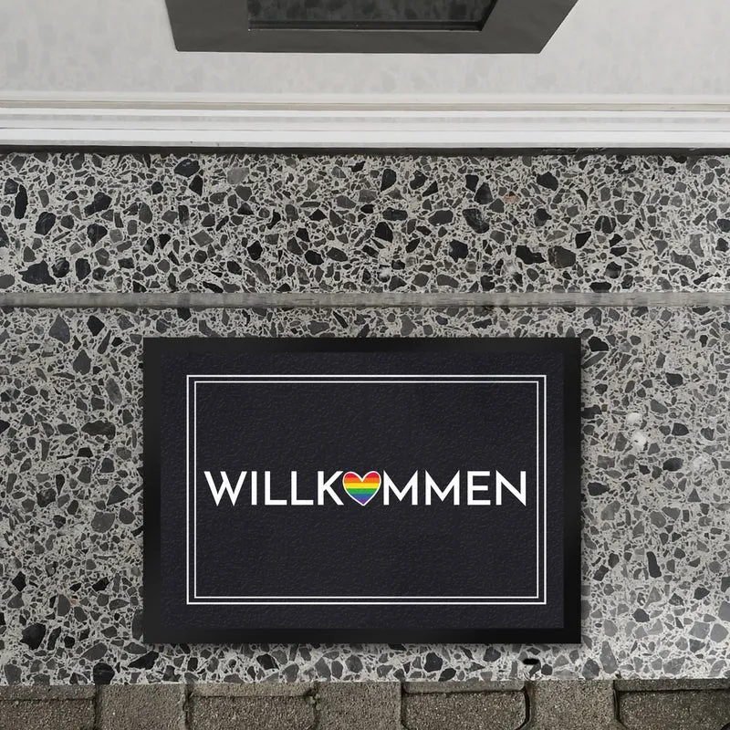 Willkommen Fußmatte mit buntem Regenbogen-Herz