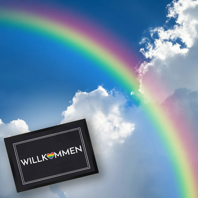 Willkommen Fußmatte mit buntem Regenbogen-Herz