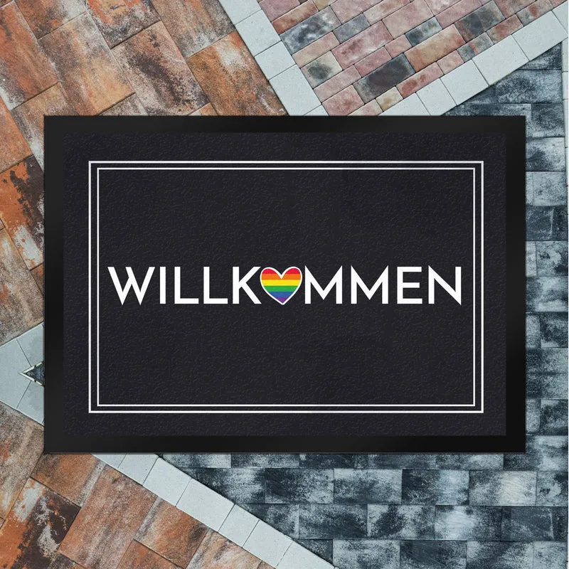 Willkommen Fußmatte mit buntem Regenbogen-Herz